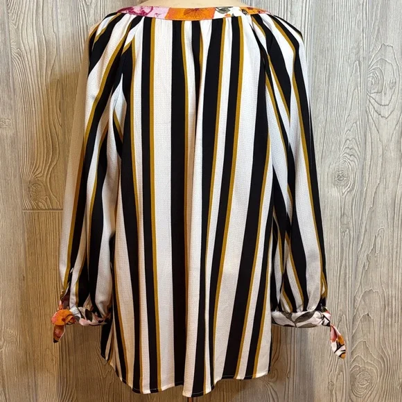 Fig and Flower Anthropologie Boho Mix Print Floral Striped Peasant Blouse Size L - Picture 6 of 10